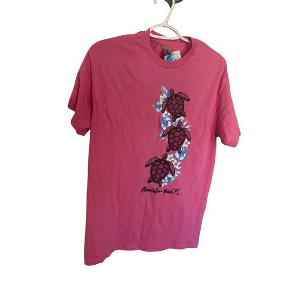 Charleston Beach FL Pink Turtle Print Graphic Tee Gildan Cotton Blend Size L - Picture 3 of 7